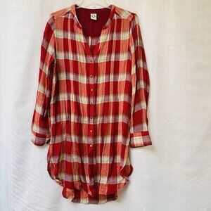 Anthropologie Akemi‎ + Kin Plaid Tunic Shirt Top WomenMedium Red Long Sleeve